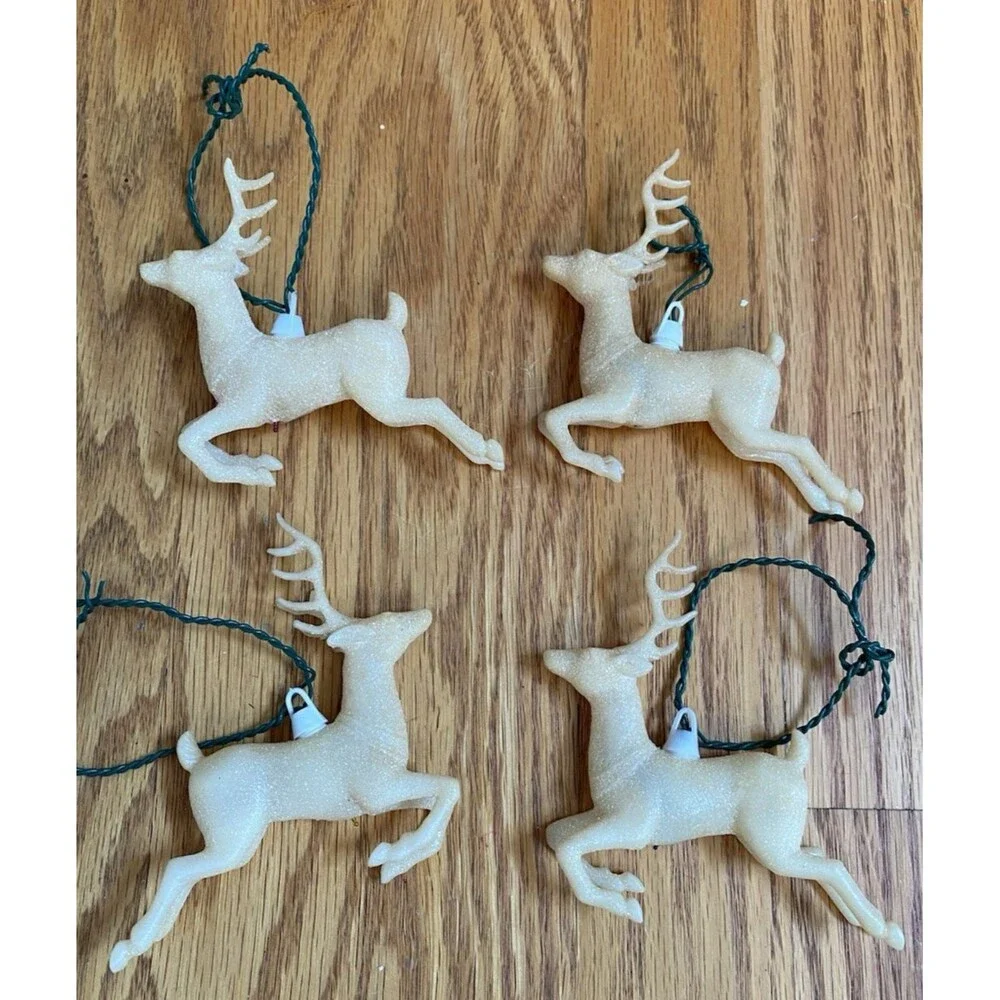 Vintage Christmas Reindeer Blow Mold Ivory Glitter String Light Ornaments Lot 4